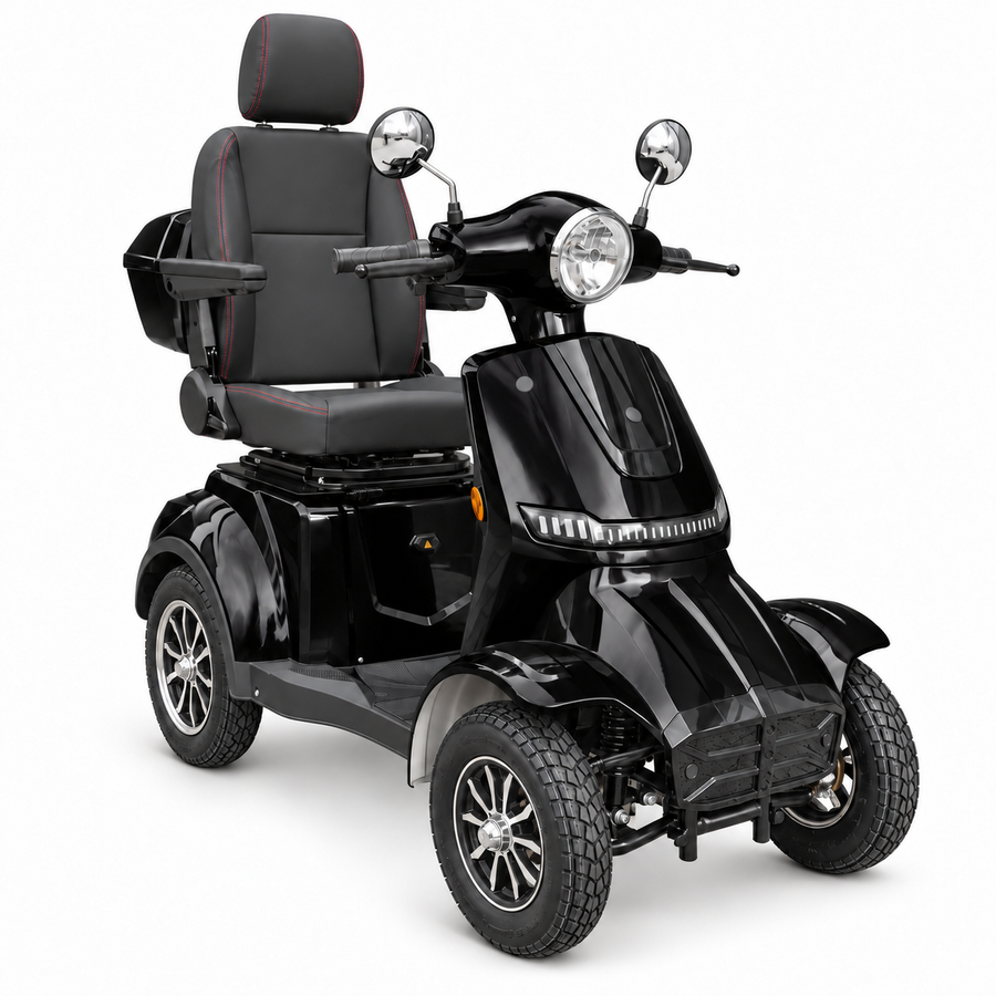 SEVION Elektromobil PRO 40 Li in Piano Black – 4-Rad-Elektromobil mit Komfortsitz, Armlehnen und Topcase