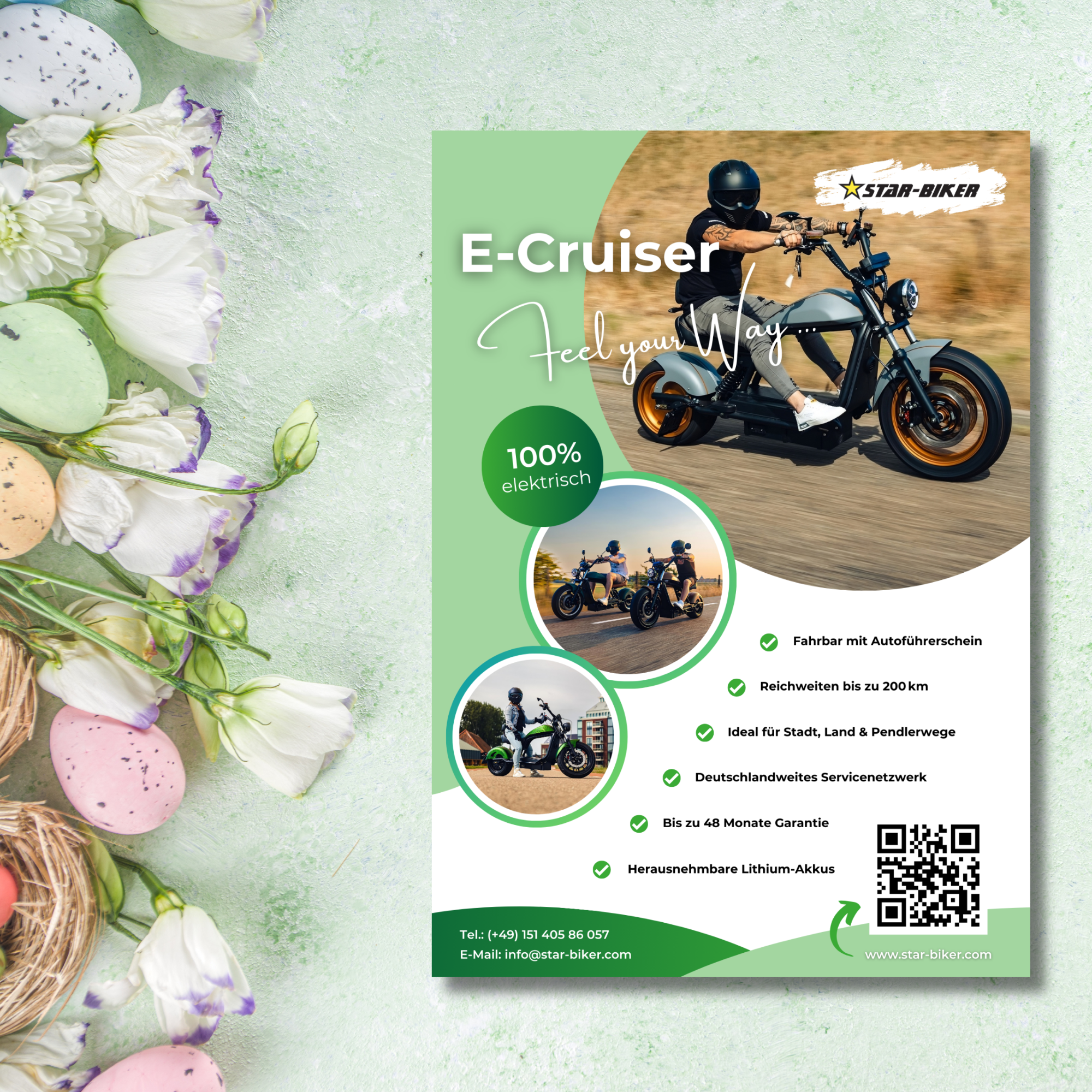 Flyer zur Star-Biker Frühlingsferien-Aktion für Kinder und Familien in der Schweiz – Elektromobilität unterstützen und faire Entlöhnung erhalten.