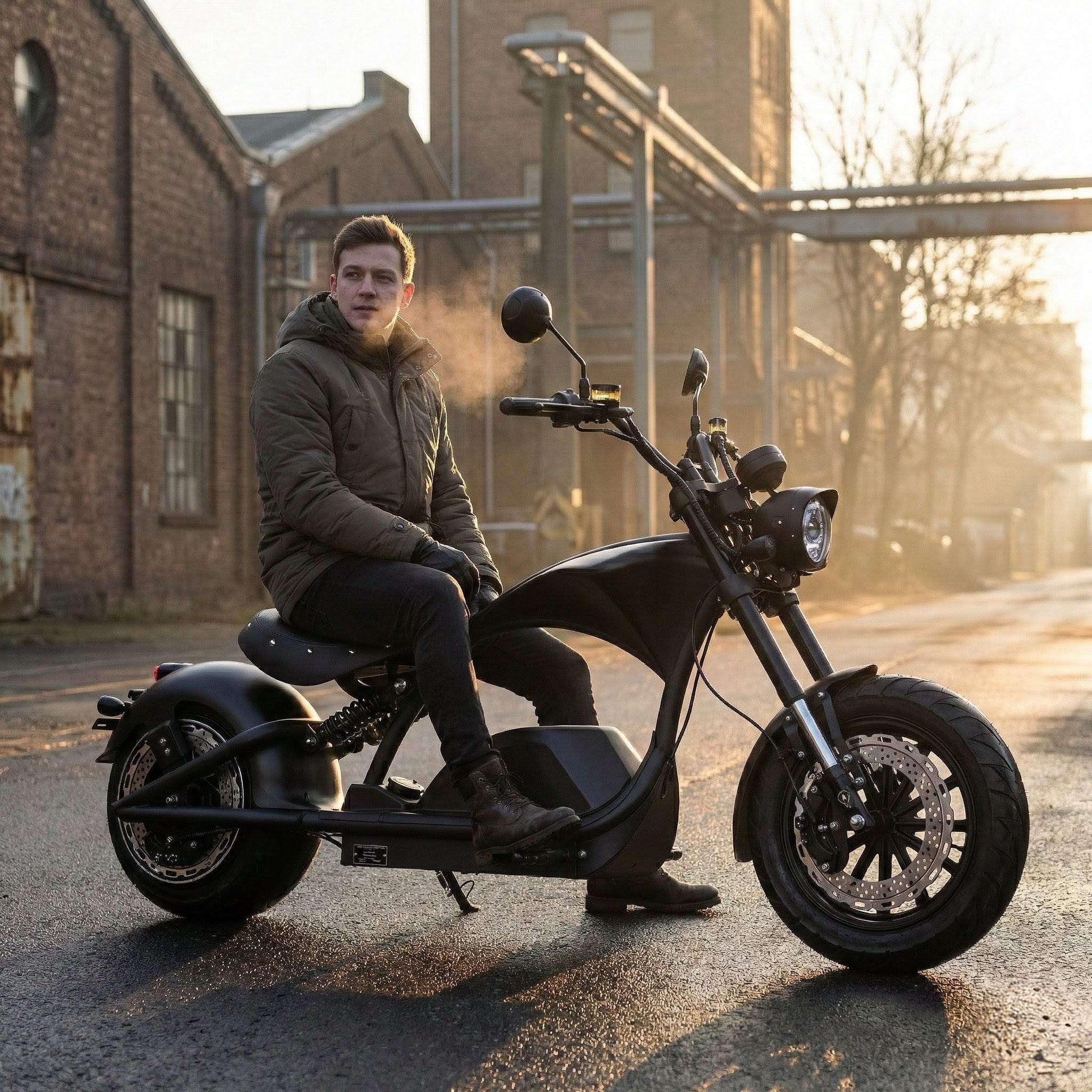 Mann sitzt auf einem mattschwarzen Star-Biker Chopper M1PS Knight (Mangosteen M1PS Knight / Futura Angry Blake) in einer Industrie-Straße bei Wintersonne.