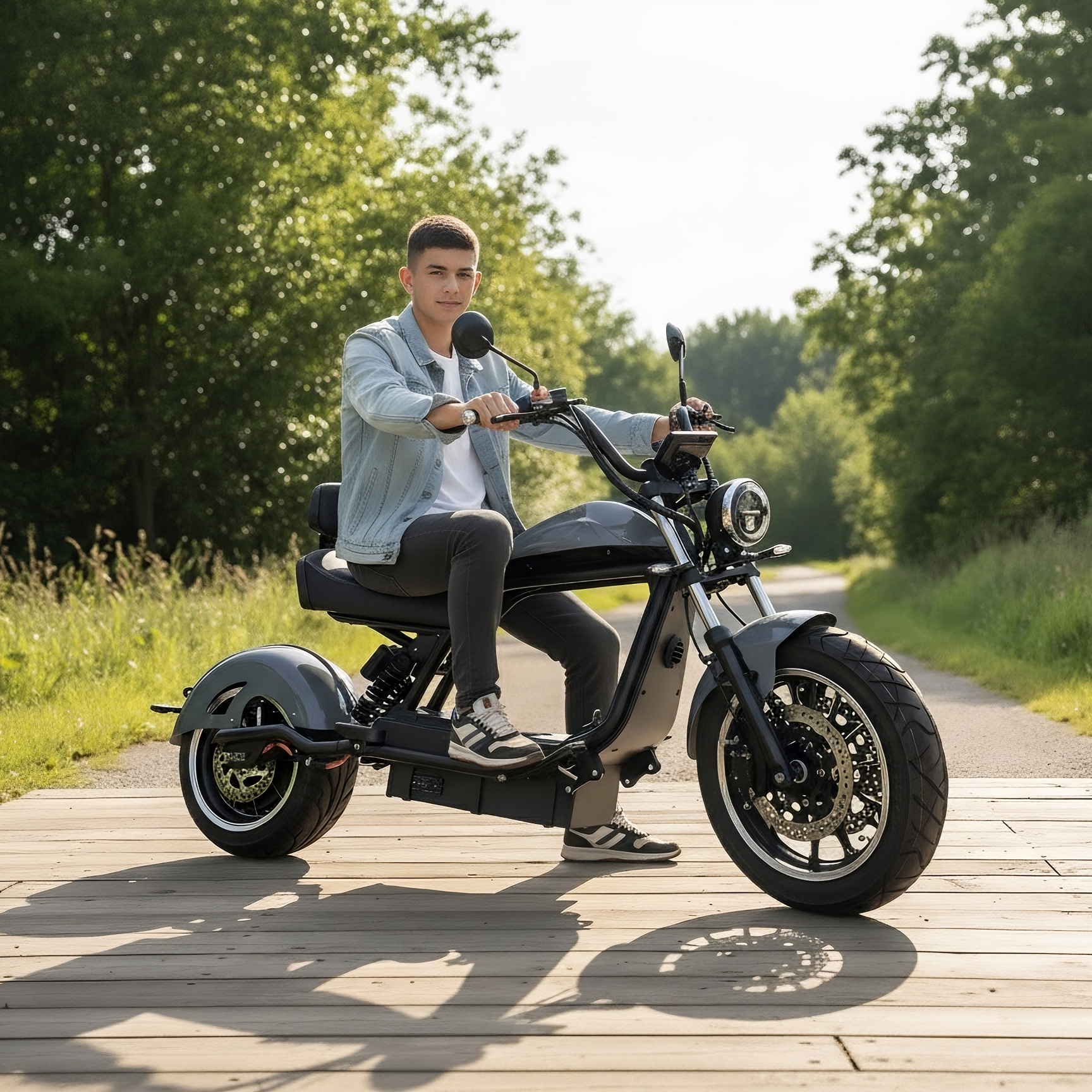 Jugendlicher fährt entspannt auf einem 25 km/h E-Chopper in der Schweiz über einen Radweg – führerausweisfrei, sicher und umweltfreundlich unterwegs.