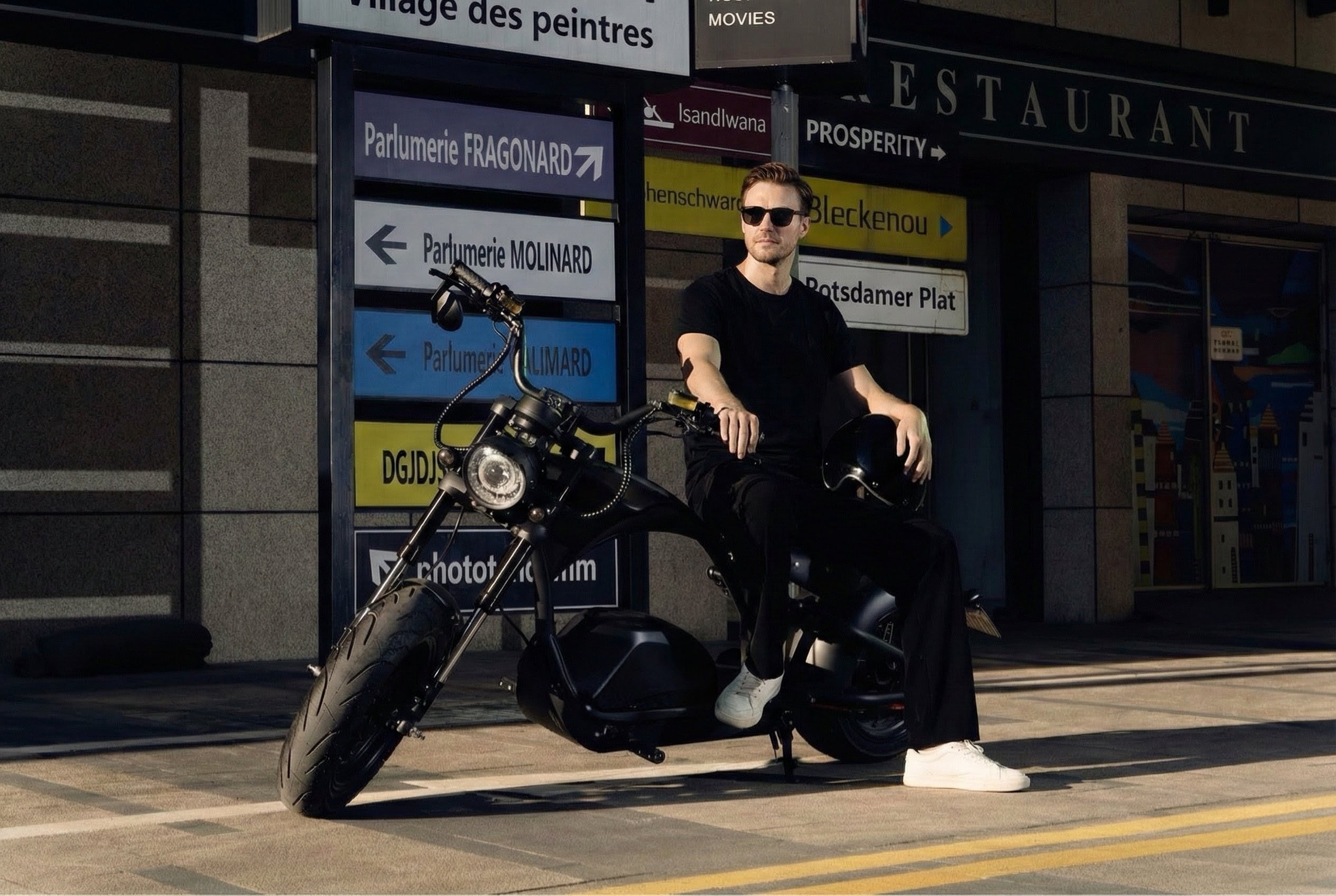 Mann sitzt auf mattschwarzem Elektro-Chopper in urbaner Stadtumgebung vor moderner Architektur.