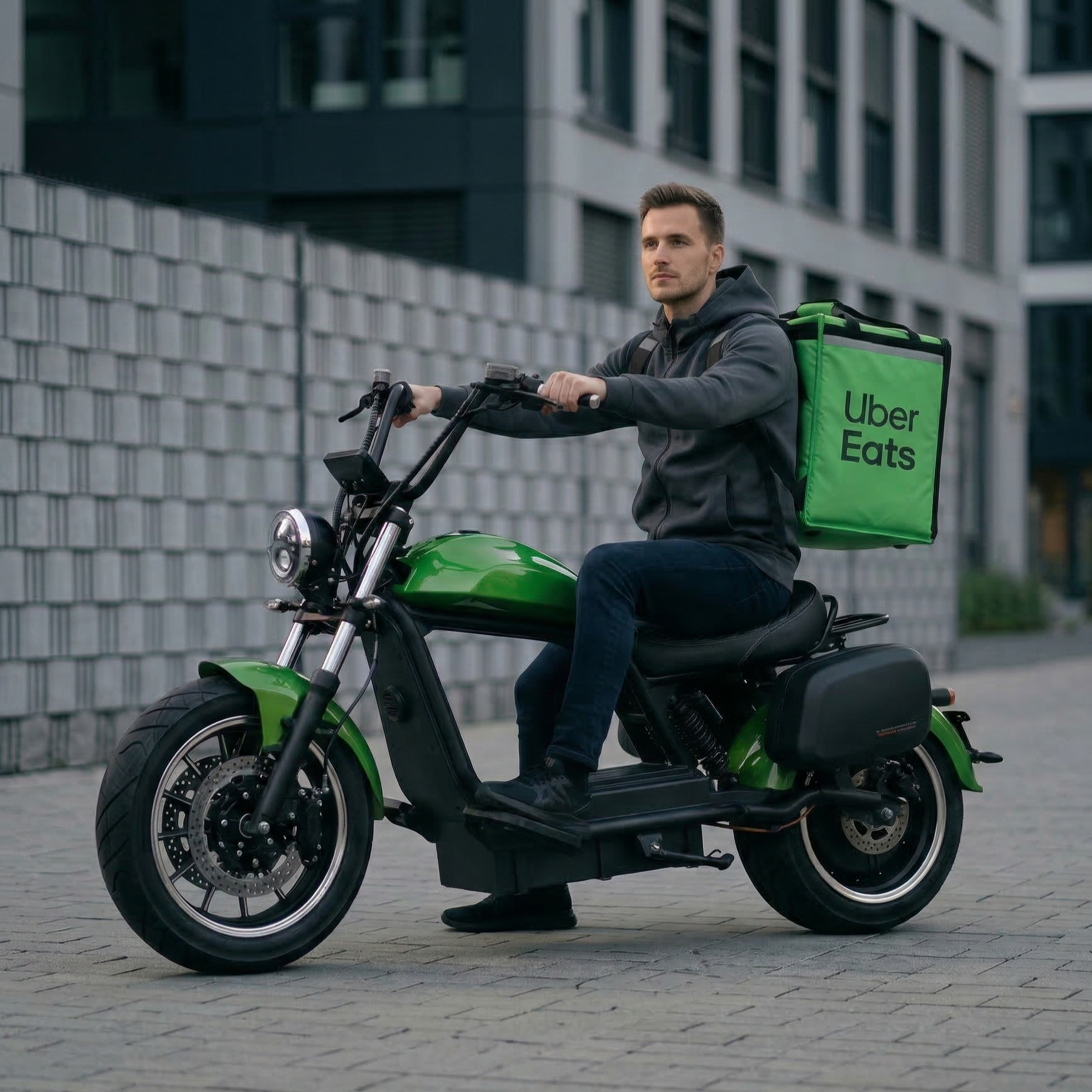 Uber Eats Fahrer mit grünem Liefer-Rucksack auf einem elektrischen E-Chopper von Star-Biker in urbaner Umgebung – effizient, emissionsfrei und ideal für Lieferdienste | Der Star-Biker Chopper 6.0s (auch Luqi HL6.0s)
