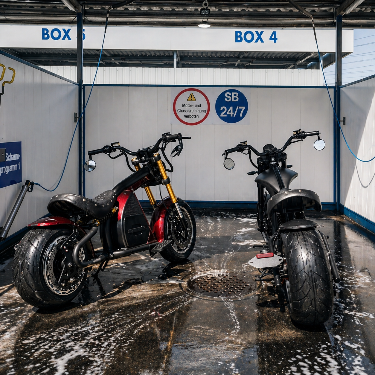 E-Chopper in Waschbox bei der Reinigung mit Wasser und Schaum, zwei elektrische Chopper stehen in einer SB-Waschanlage mit Hinweis „Motor- und Chassisreinigung verboten“, nasser Boden und reflektierende Oberfläche in moderner Waschstation