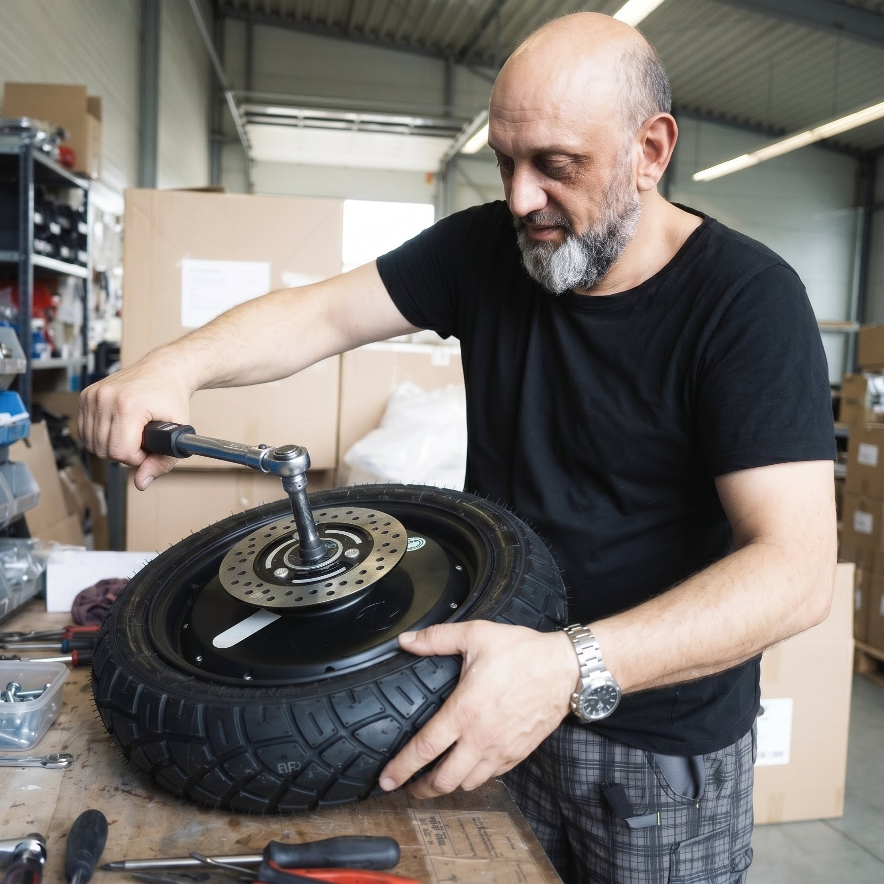 Techniker montiert Radnabenmotor und Reifen eines E-Choppers in der Werkstatt im Rahmen des Star-Biker Montageservice