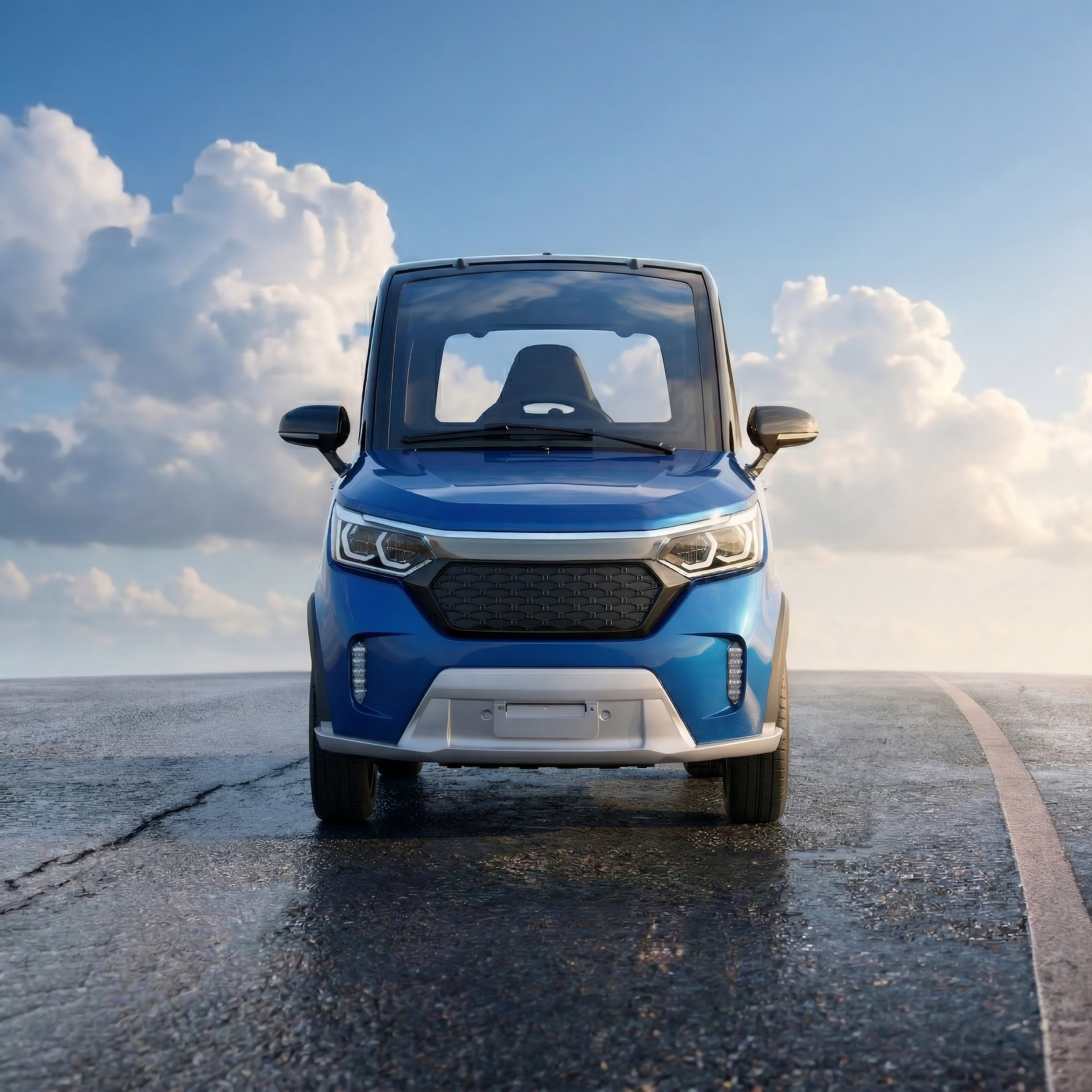 SEVION Kabinenroller von Star-Biker in Blau, frontal auf einer offenen Straße bei klarem Himmel – kompakter elektrischer Kabinenroller für wettergeschützte und effiziente Mobilität