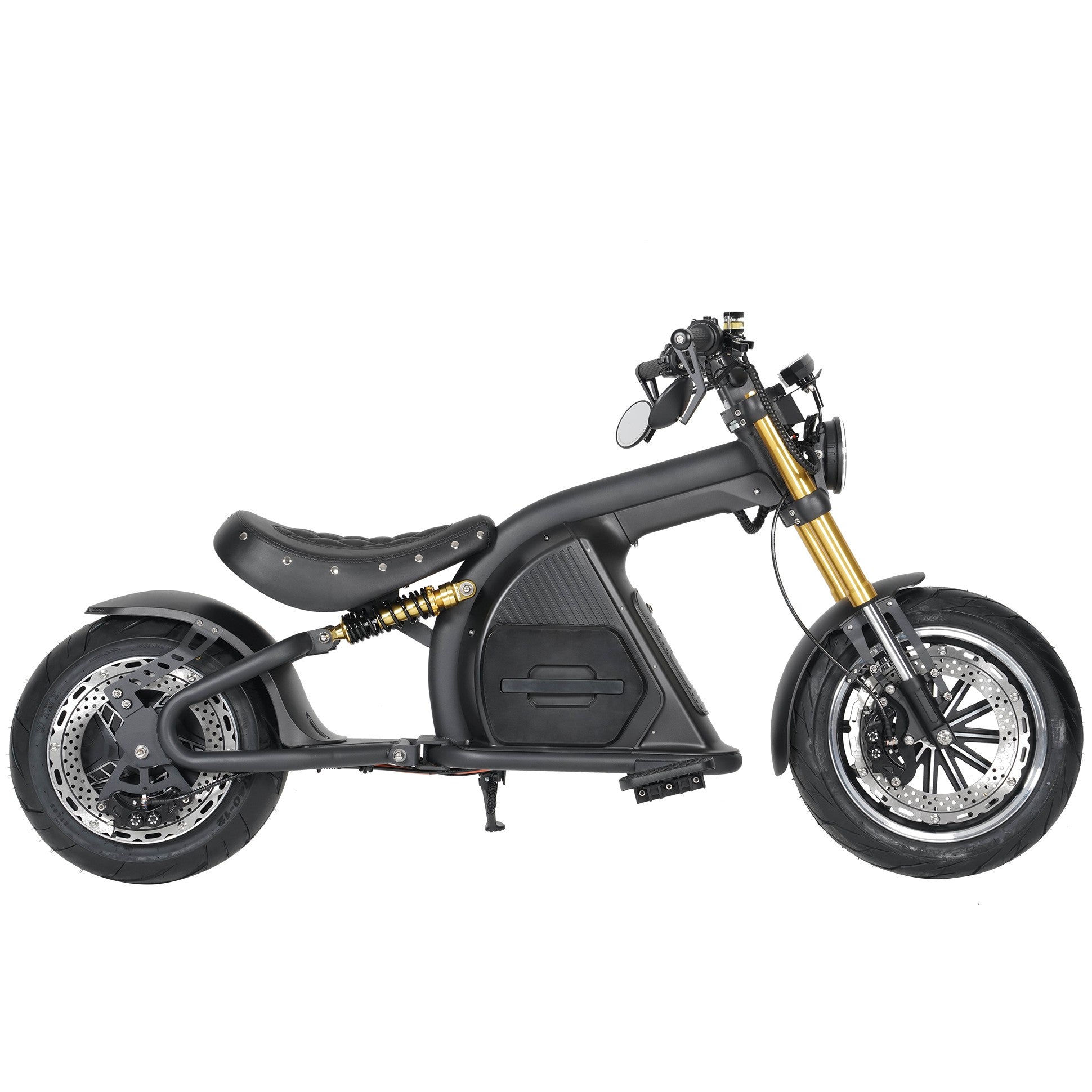 Star-Biker Bobber M8S Custom – elektrischer E-Chopper mit Custom-Design, grossem Heckfender, Spiegeln und hydraulischen Scheibenbremsen in der Schweiz.