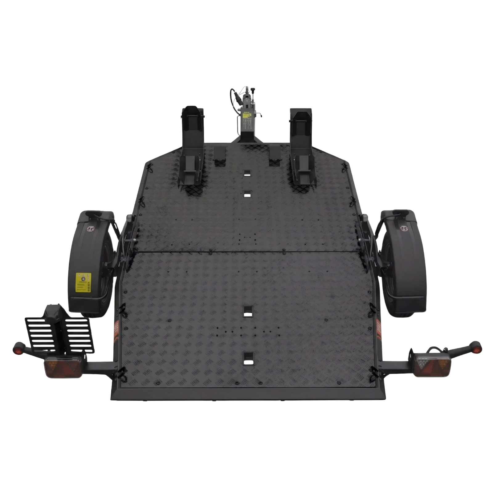 Motorradanhänger MT-2 Black Edition mit absenkbarer Ladefläche, Radwippen und Verzurrpunkten für den sicheren Transport von E-Choppern und E-Rollern.