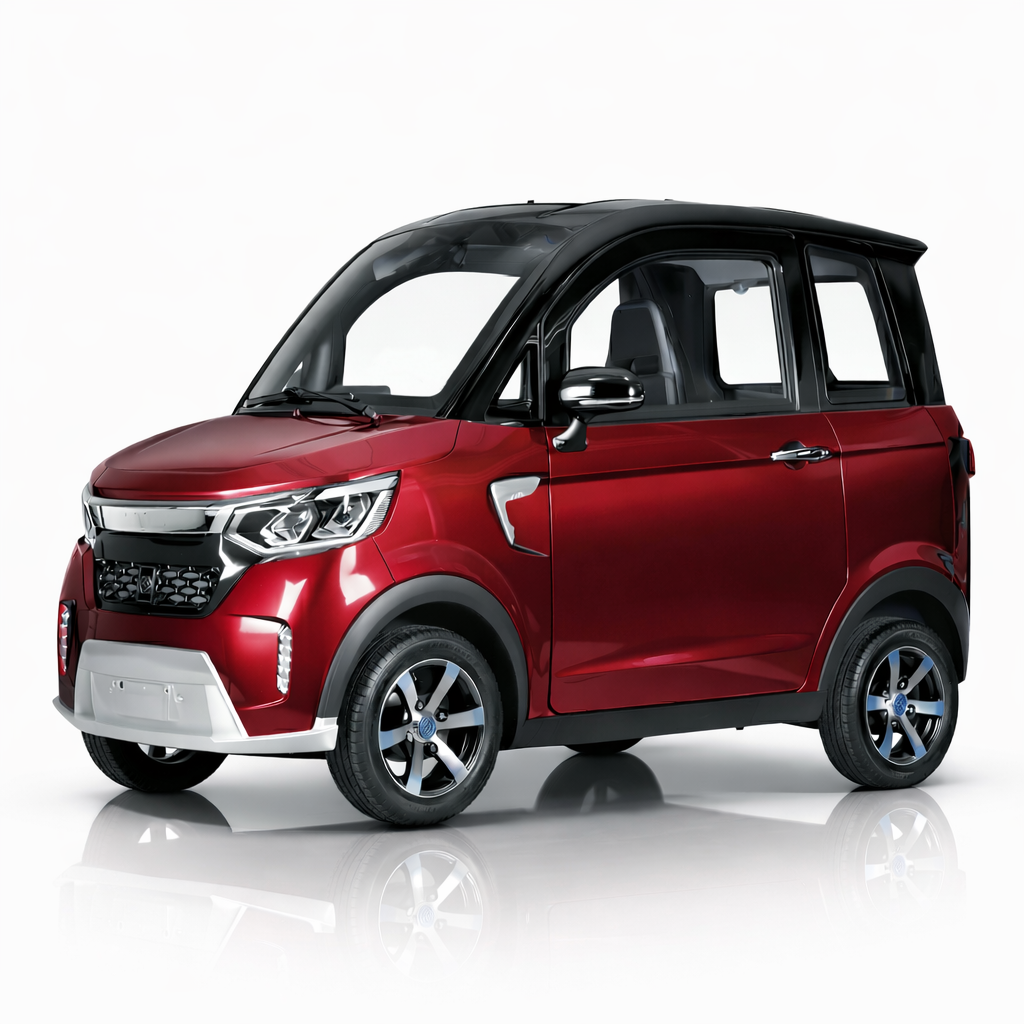 SEVION Kabinenroller Rot – 3/4 Frontansicht elektrischer Kabinenroller mit schwarzem Dach