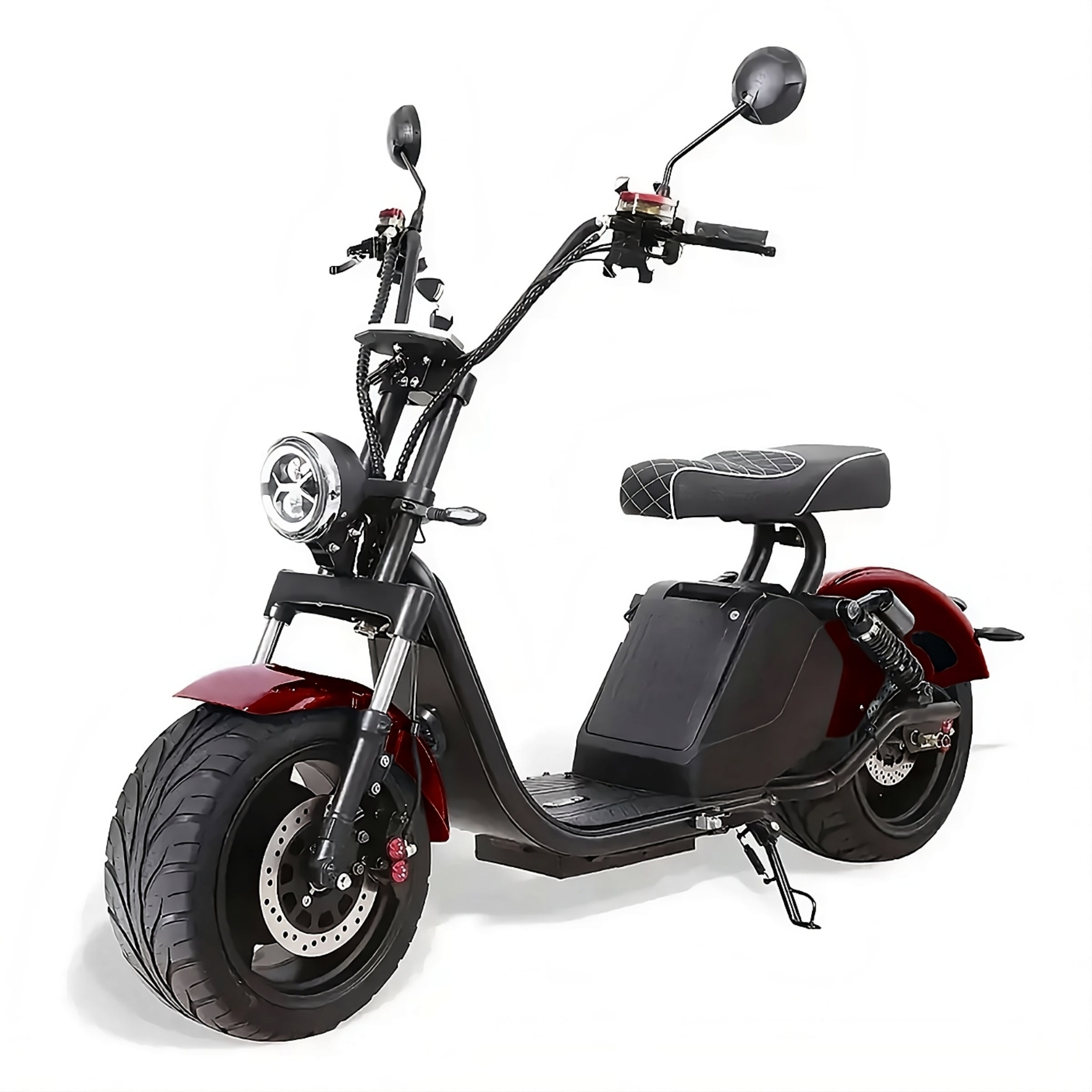 E-Roller Cruiser 3.0s in Weinrot – schräge Frontansicht mit sportlicher Optik und LED-Lichtsystem