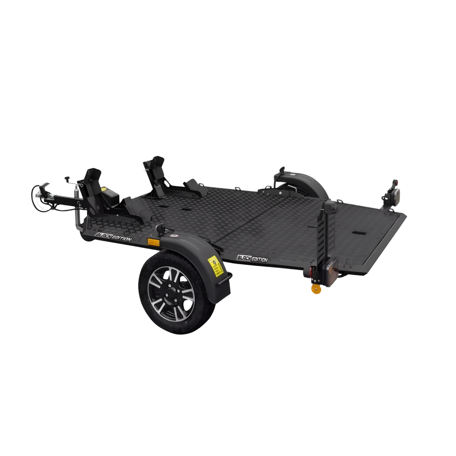 Motorradanhänger MT-2 Black Edition Heckansicht mit abgesenkter Rampe für einfaches Verladen von E-Choppern und Rollern