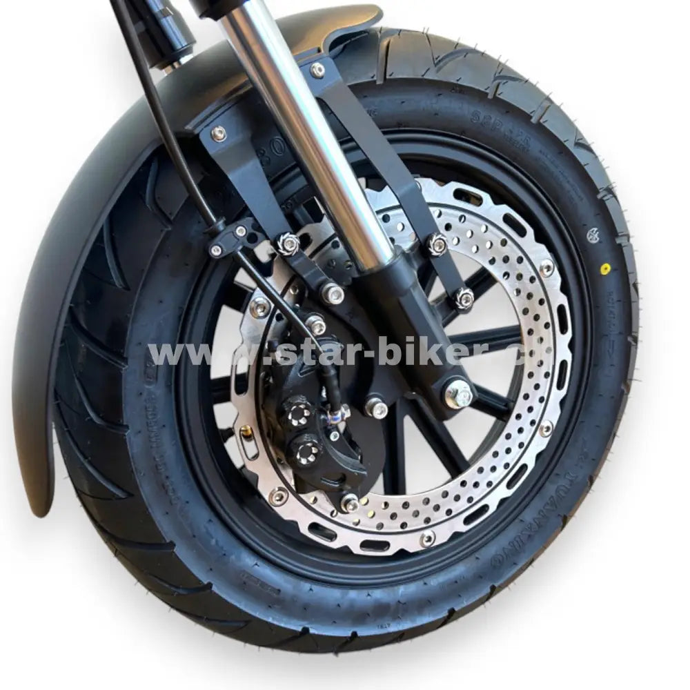 14-Zoll-Vorderrad mit gelochter Custom-Bremsscheibe für präzise Bremskontrolle und sportliches Design
