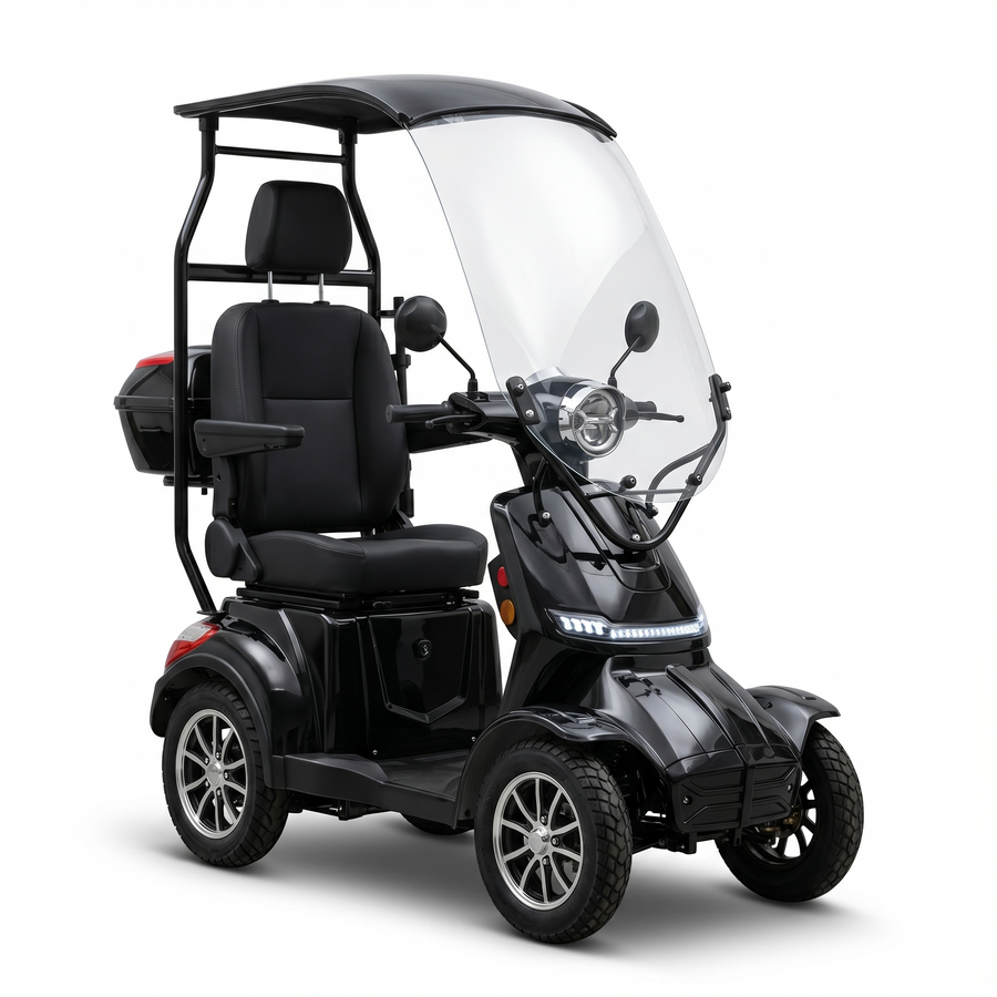 SEVION Elektromobil PRO 40 Li in Piano Black mit optionalem Dach und Frontscheibe von schräg vorne