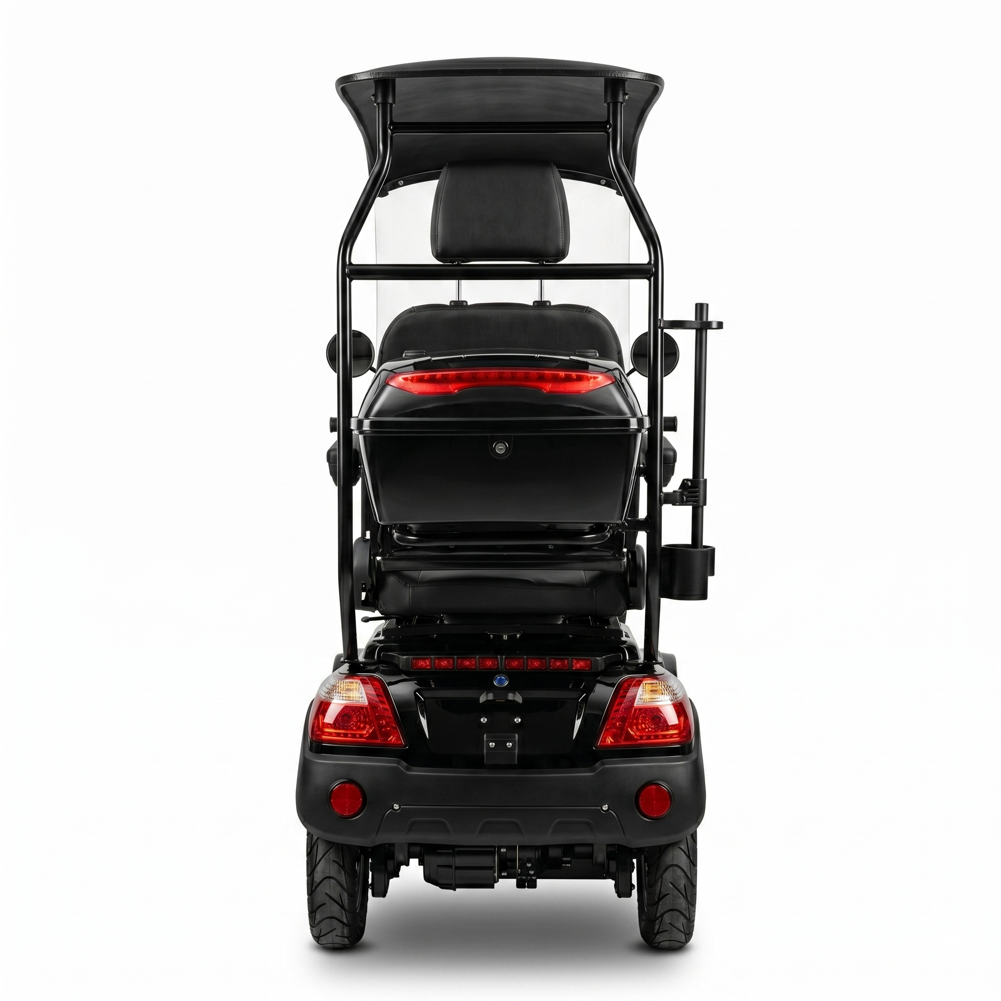 SEVION Elektromobil Pro 40 in Schwarz von hinten mit Rückleuchten, Dachrahmen, Komfortsitz, Heckbox und breiten Reifen