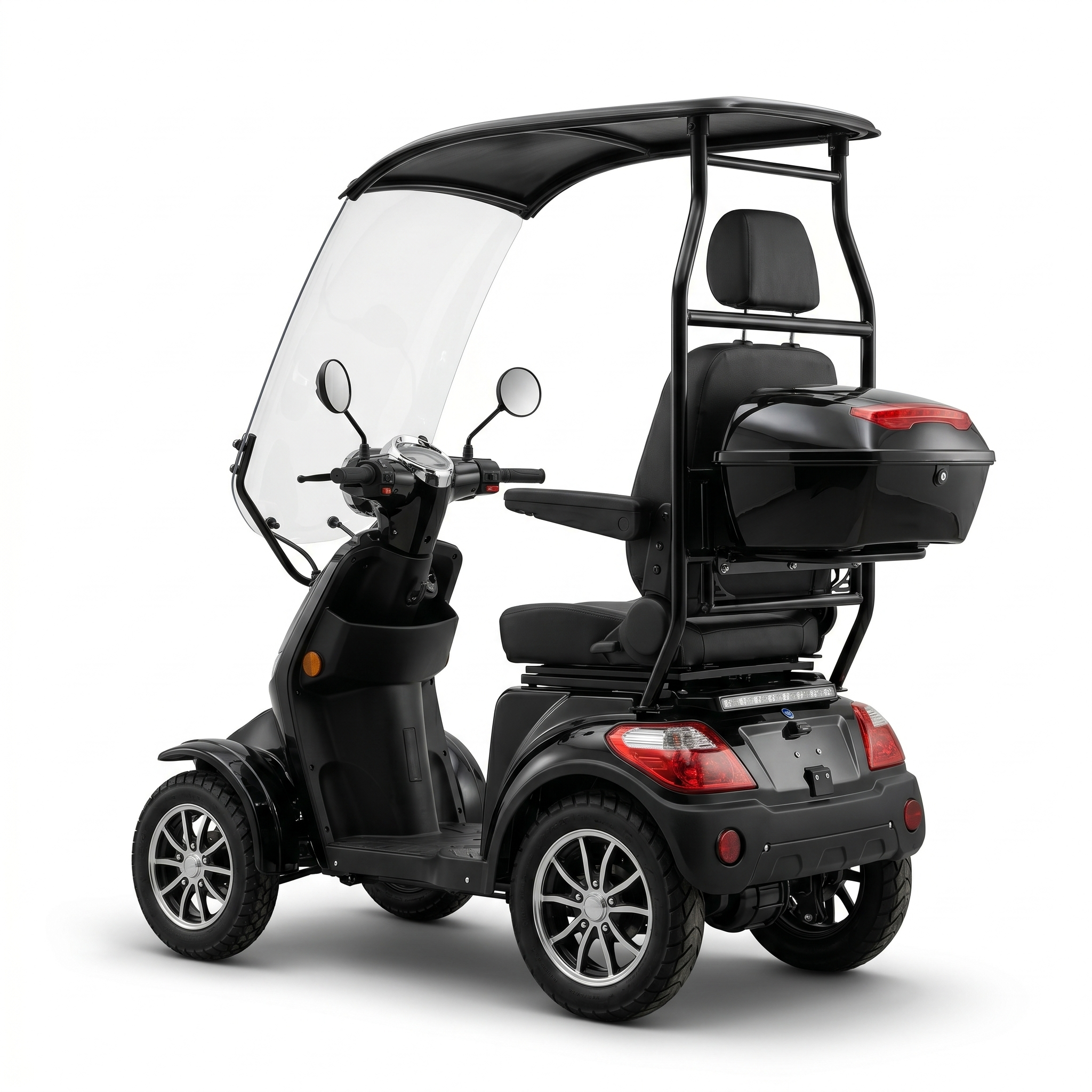 SEVION Elektromobil Pro 40 in Schwarz von schräg hinten mit Heckbox, Rückleuchten, Dachrahmen, Komfortsitz und Windschutzscheibe