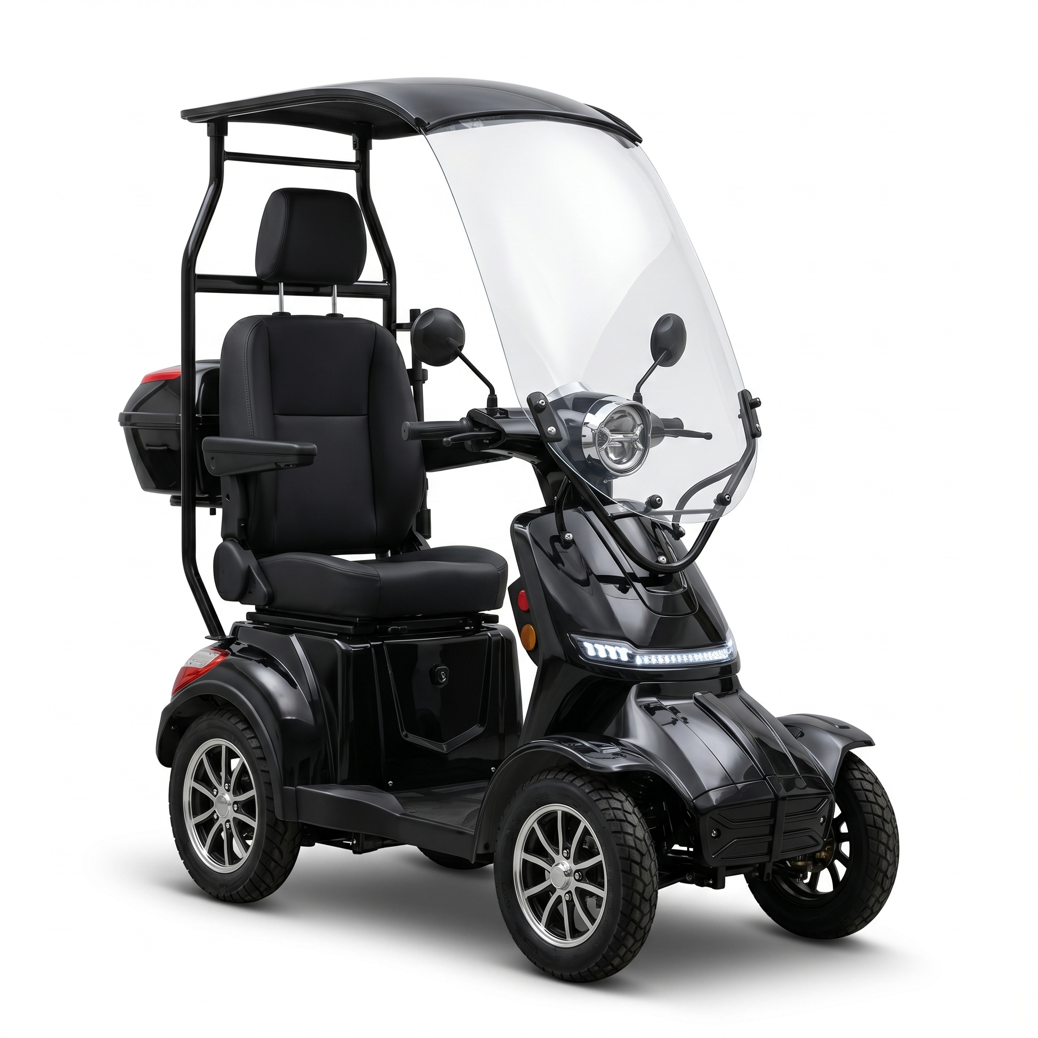 SEVION Elektromobil Pro 40 in Schwarz mit großem Wetterschutz, Dach, Frontscheibe, LED-Frontlicht, Komfortsitz und Heckbox