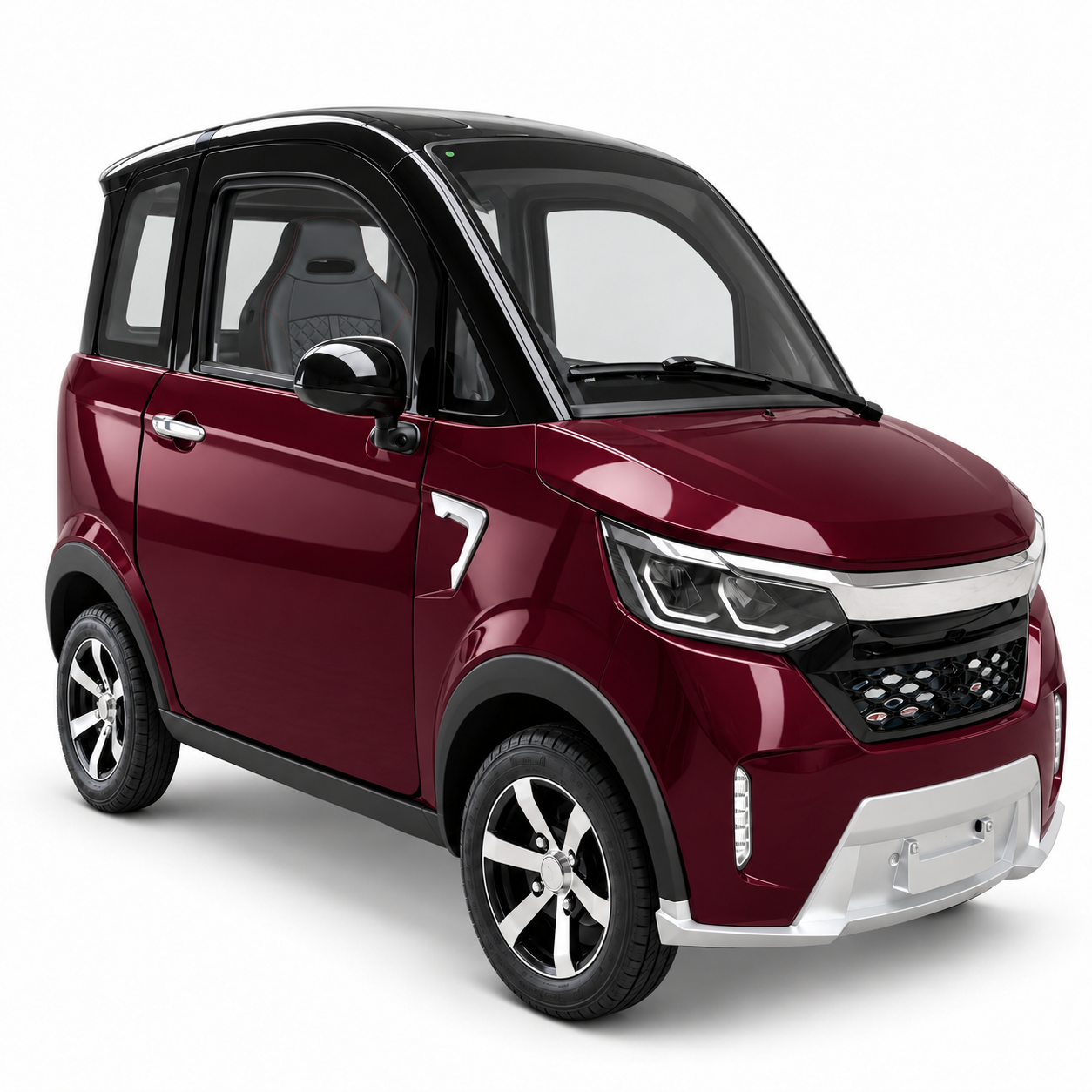 SEVION SK4 Elektro-Kabinenroller in Garnet Red (Weinrot) mit schwarzem Dach – Ansicht schräg von vorne
