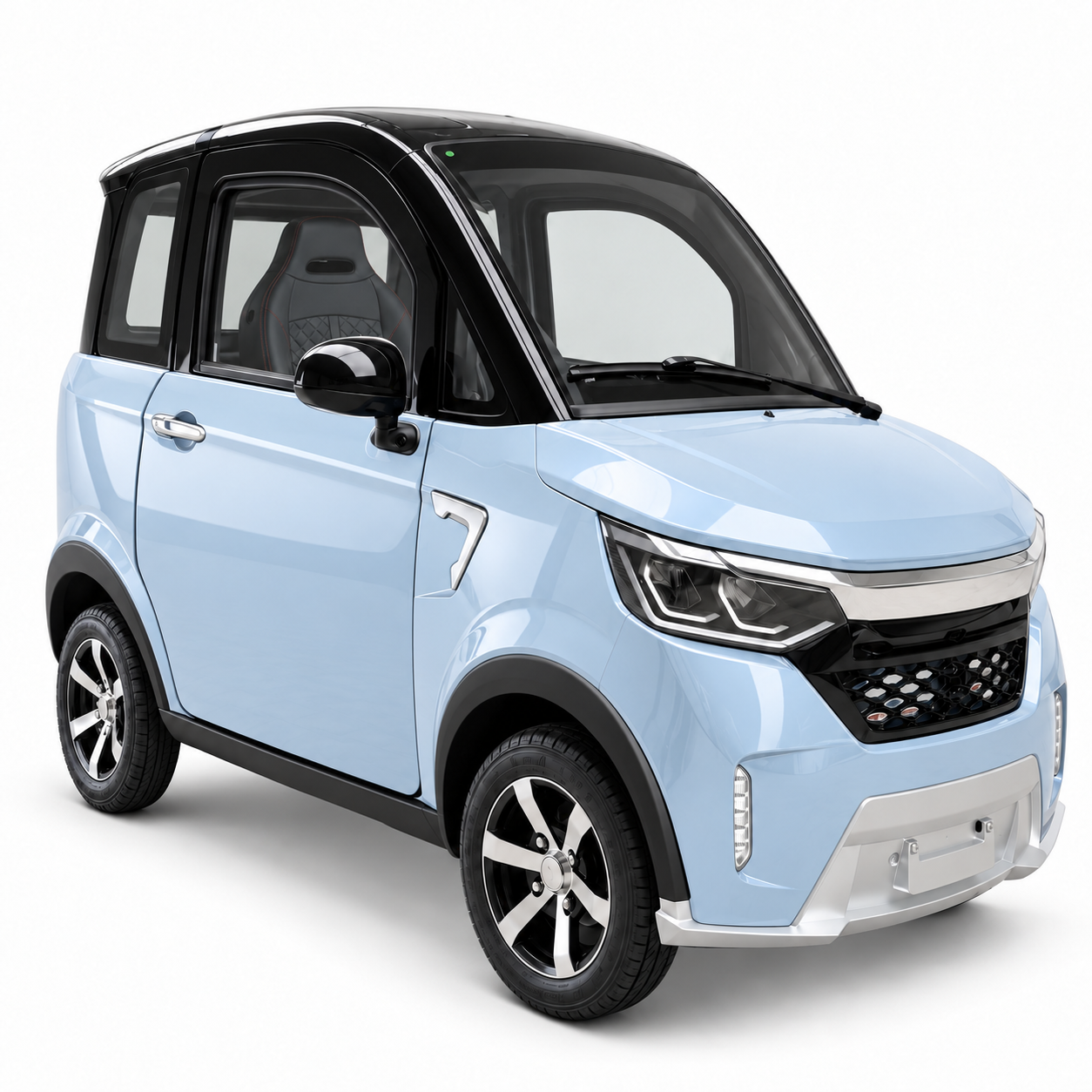 SEVION SK4 Elektro-Kabinenroller in Glacier Blue (Hellblau) mit schwarzem Dach – Ansicht schräg von vorne