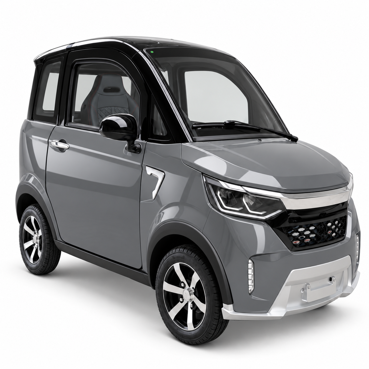 SEVION SK4 Elektro-Kabinenroller in Graphite Silver (Grau) mit schwarzem Dach – Ansicht schräg von vorne
