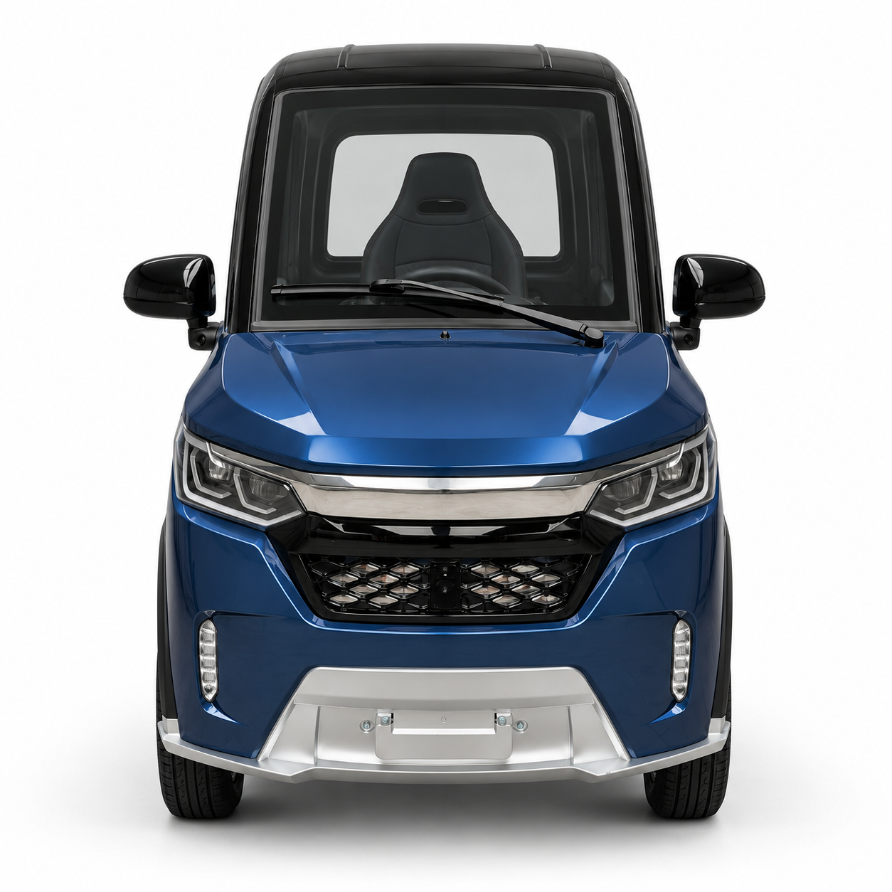 SEVION SK4 Elektro-Kabinenroller mit Lenkrad in Midnight Sapphire – Frontansicht mit Scheinwerfern und silberner Frontschürze