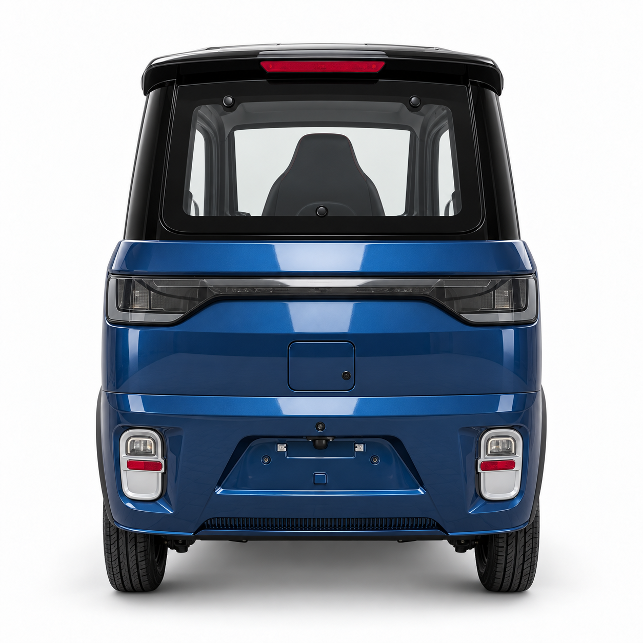SEVION SK4 Elektro-Kabinenroller mit Lenkrad in Midnight Sapphire – Heckansicht mit Heckscheibe und Rückleuchten
