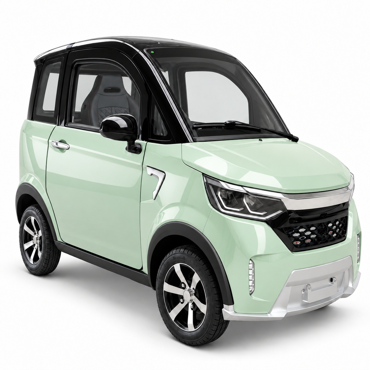 SEVION SK4 Elektro-Kabinenroller in Nordic Sage (Salbeigrün) mit schwarzem Dach – Ansicht schräg von vorne