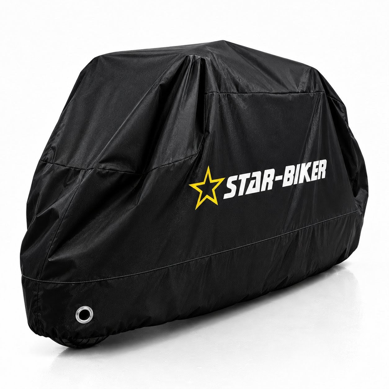 Star-Biker Abdeckplane in Schwarz von der Heckseite mit Logo, Metallöse und Gummisaum über dem Rad