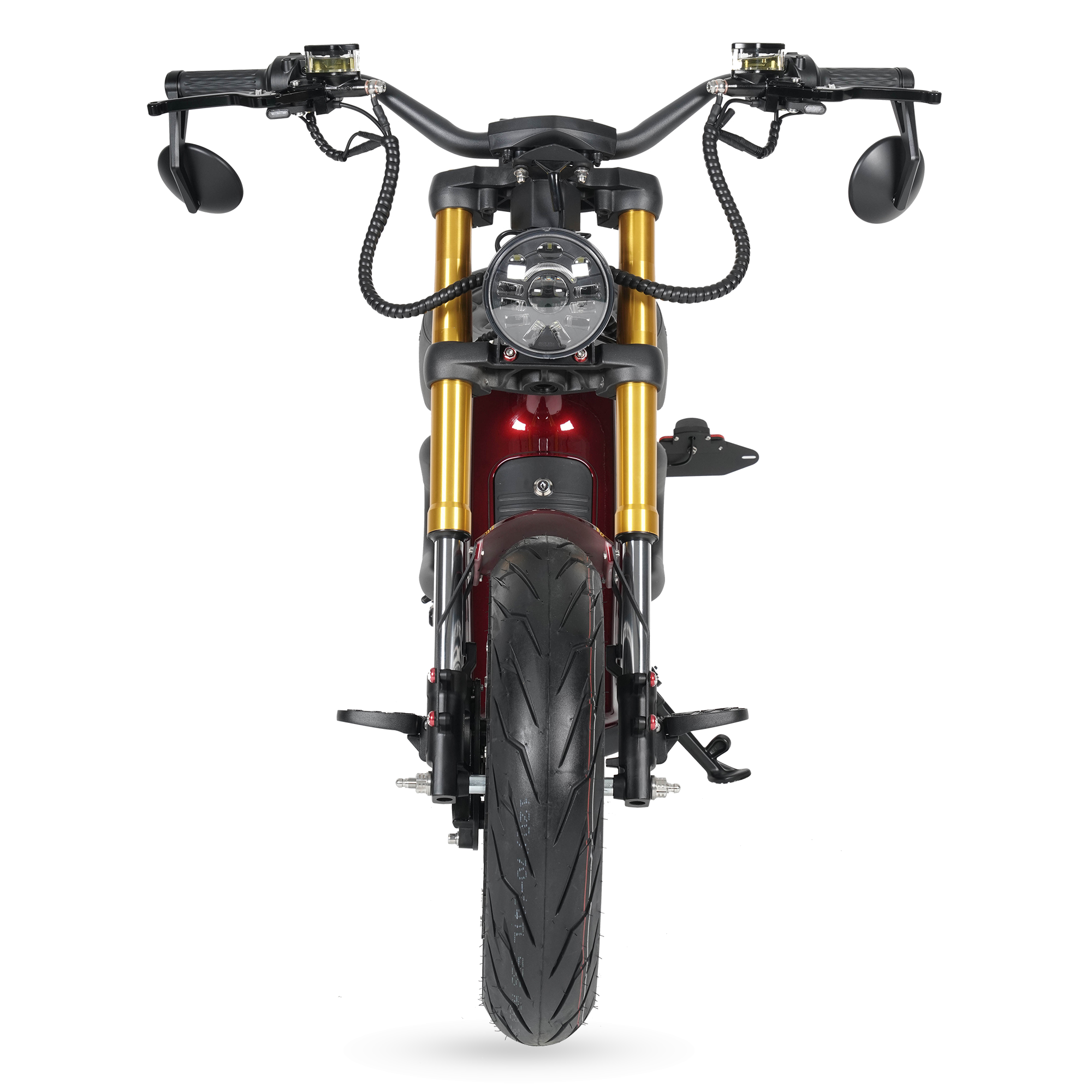 Star-Biker Bobber M8S Custom in Burgundy Wine, direkt von vorn mit rundem Scheinwerfer