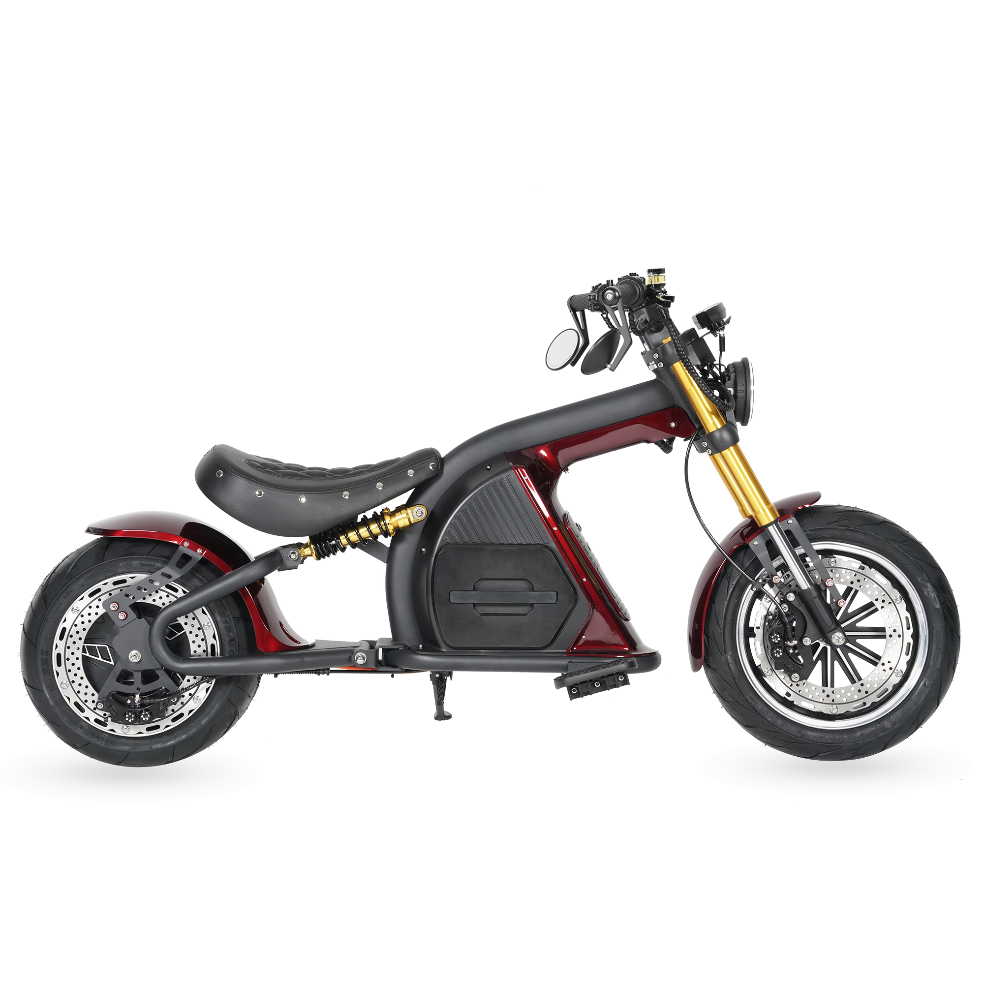 Star-Biker Bobber M8S Custom 85 km/h in Burgundy Wine, Seitenansicht mit Vorderrad rechts im Bild