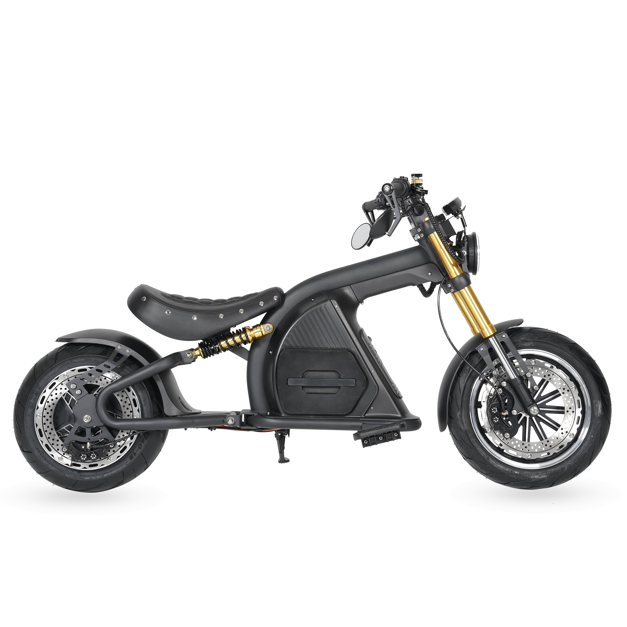Star-Biker Bobber M8S Custom 85 km/h in Shadow Black, Seitenansicht mit Vorderrad rechts im Bild