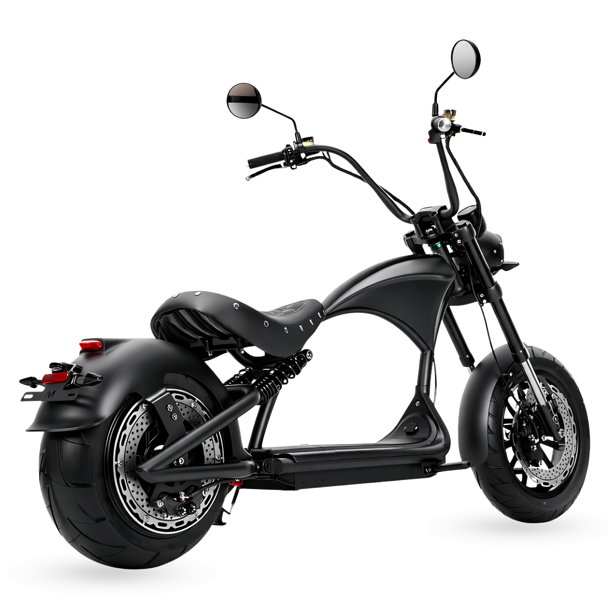 Star-Biker Chopper M1P Basic in Shadow Black (mattschwarz), Dreiviertelansicht von hinten rechts mit Rücklicht und Kennzeichenhalter