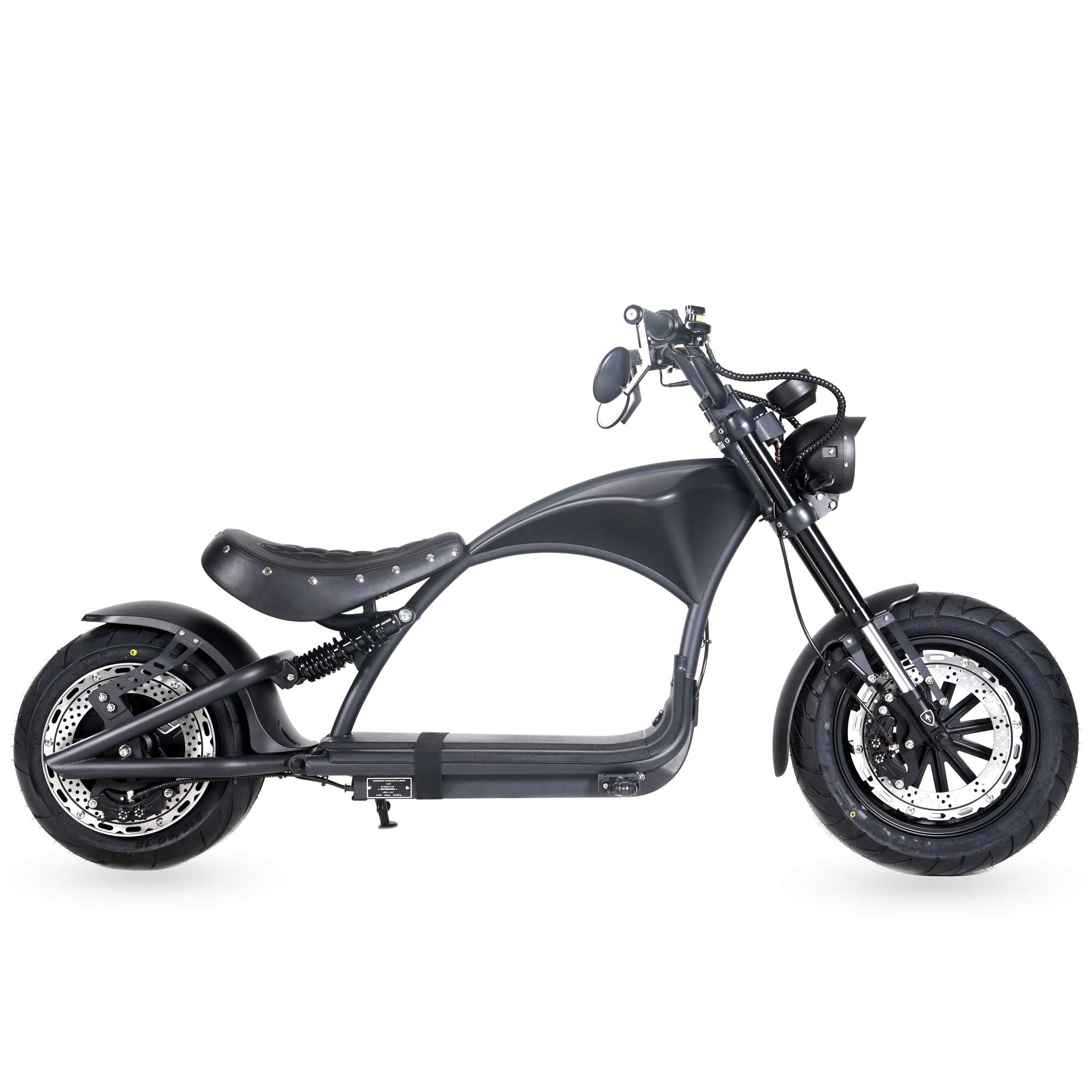 Star-Biker Chopper M1P Custom in Shadow Black, Seitenansicht mit Vorderrad rechts im Bild
