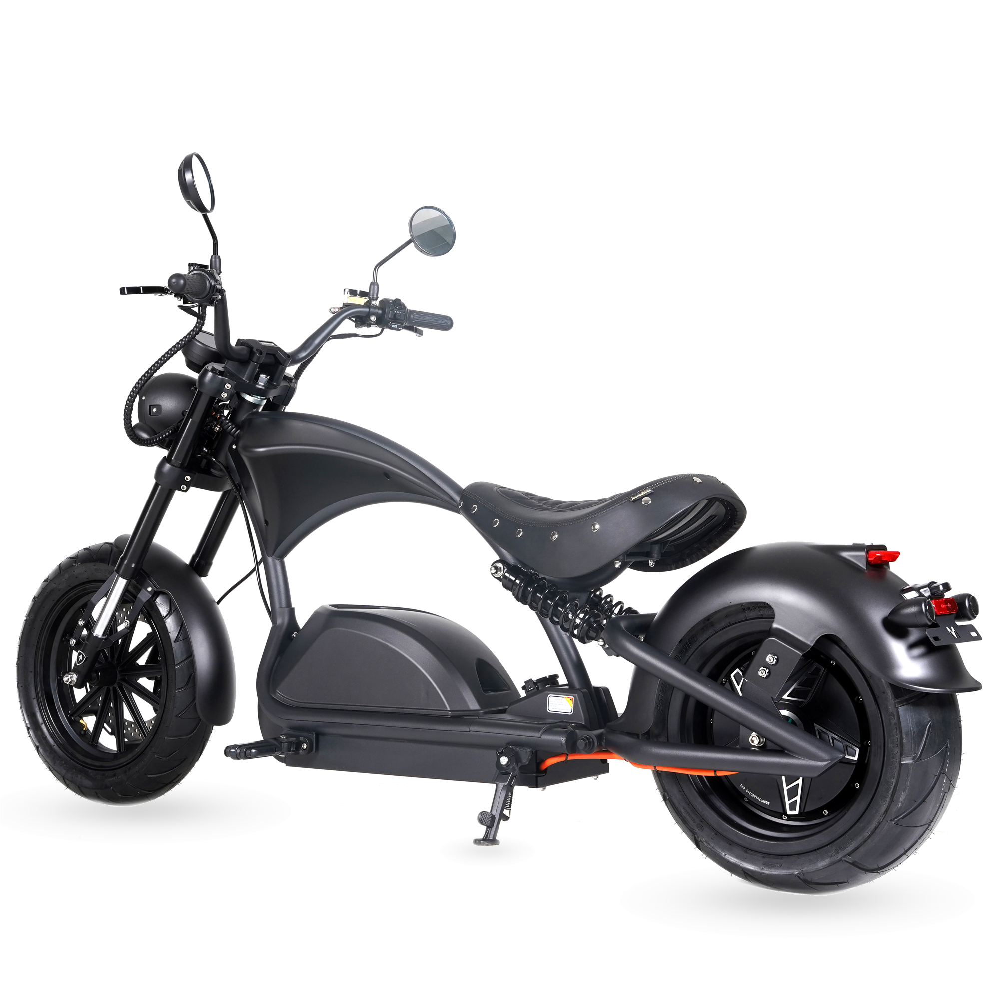 Star-Biker Chopper M1PS Knight 45 km/h in Mattschwarz, Dreiviertelansicht von hinten rechts mit Einzelsitz und Scheibenbremse