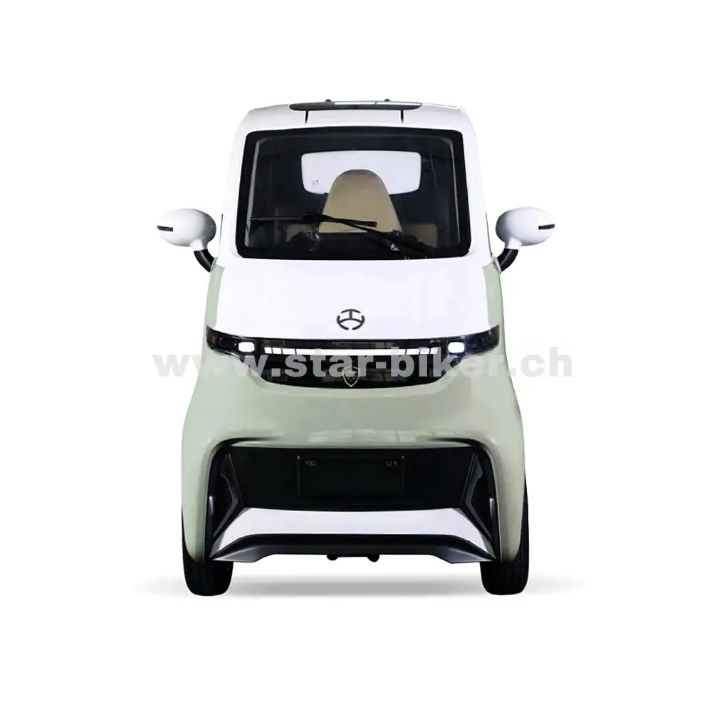 Frontansicht des Star-Biker Kabinenroller 4.0 Li in Mint Green mit LED-Scheinwerfern und Panoramadach