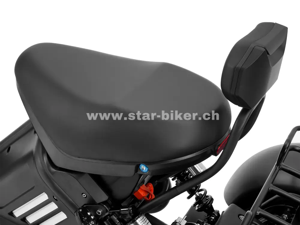 Ergonomische Zweisitzer-Sitzbank mit Rückenlehne am Star-Biker Trike 3.0 – ideal für bequeme Fahrten zu zweit in der Schweiz