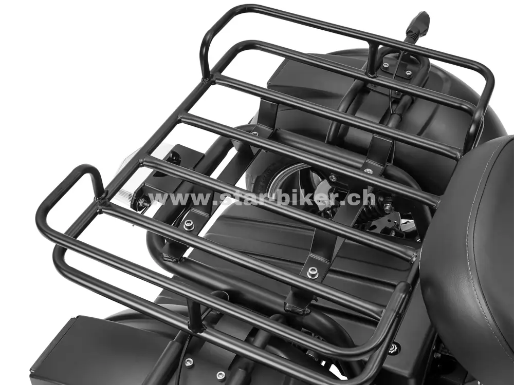 Abschliessbares Topcase und robuster Gepäckträger am E-Trike – praktischer Stauraum für Alltag und Freizeit